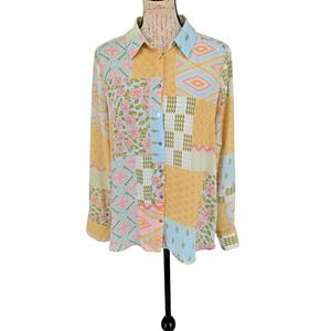 ROSE+OLIVE Blouse MEDIUM Easy Care Pastel Patch Work Pattern Button Up Great